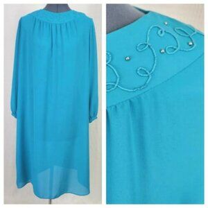 Vtg Diane Roberts Blue Semi Sheer Dress w Emb. & Beaded Collar 44 Bust Sz. 12/14